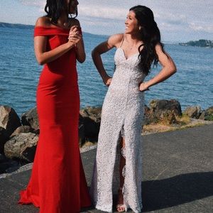 Sherri Hill red off the shoulder prom dress